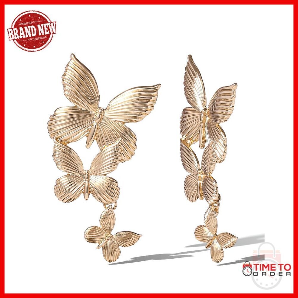 Gold-Tone Butterfly Drop Earrings with Clear Crystals, Post Back